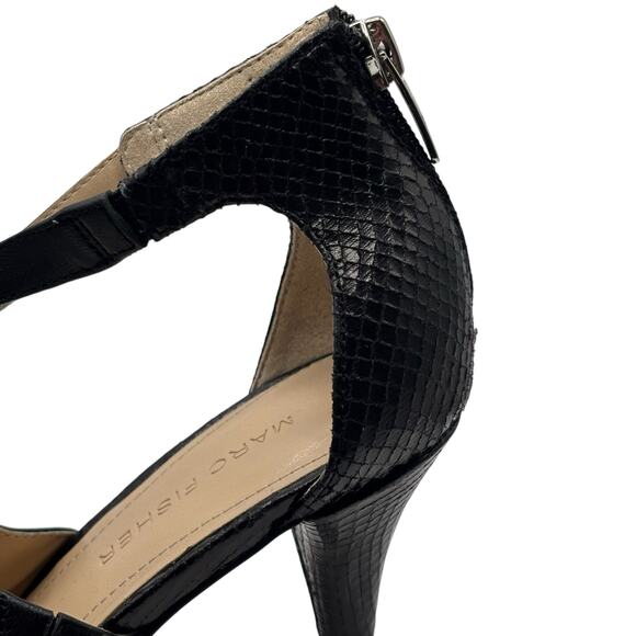 Marc Fisher Black Pointed Toe Heels Strappy Zip Back Stiletto Snake Embossed 8M - Picture 5 of 16